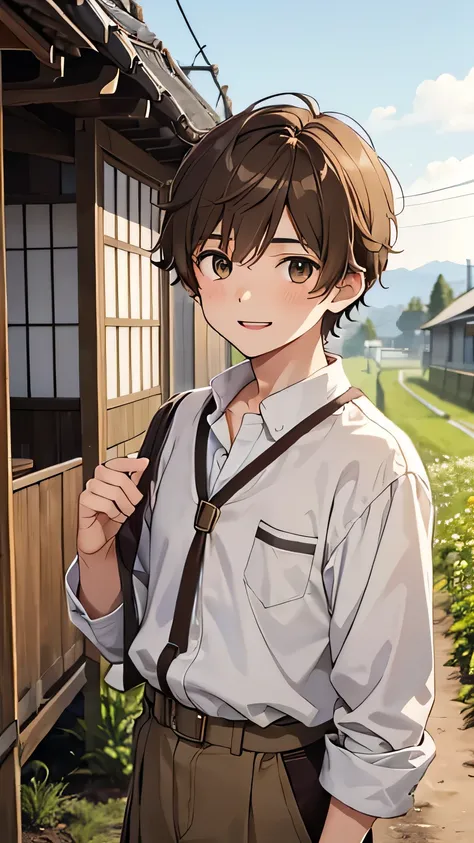 15-year-old boy with short, light brown, disheveled hair. Light brown eyes. Smiling. White skin. Japanese. Wearing a Western school uniform. Outside his house, near a field of crops.