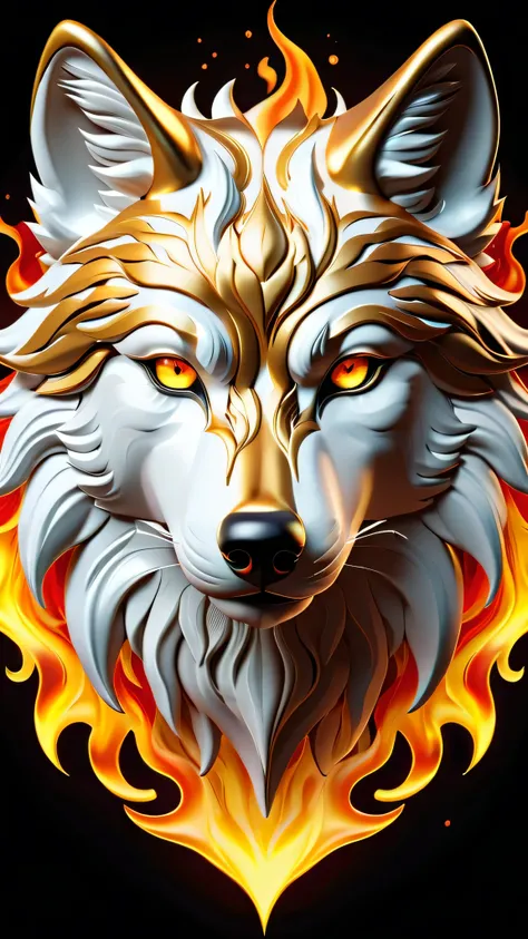 wolf head, Looking straight ahead, made of fire, Ojos rojos brillantes, 3D, dorado y blanco