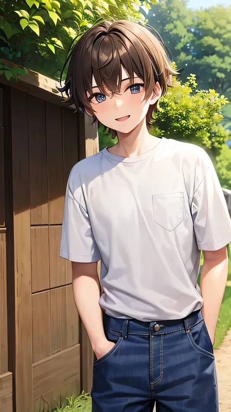 15-year-old boy with short, light brown, disheveled hair. Light eyes. Smiling. White skin. Japanese. Wearing a brown shirt and blue jeans. Outside his house, near a field of crops.