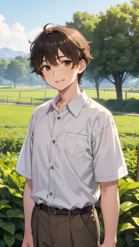 15-year-old boy with short, light brown, disheveled hair. Light brown eyes. Smiling. White skin. Japanese. Wearing a Western school uniform. Outside his house, near a field of crops.