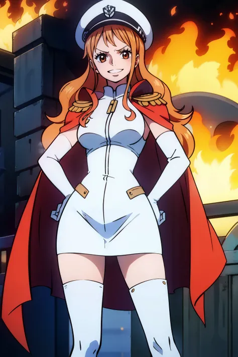 orange hair, long hair ,glossy lips, light makeup,cape ,military uniform,white military hat,sleeveless, white skirt,white thigh-high boots, white elbow gloves, evil smile, looking at viewer, hands on hips,burning buildings in the background