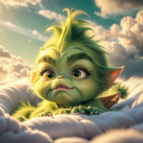 A beautiful, adorable baby Grinch made entirely of soft green clouds, peacefully nestled in a bed of fluffy clouds. The baby Grinch has a gentle, serene expression as it sleeps, with its soft, dream-like appearance. The surrounding clouds are colored in pa...