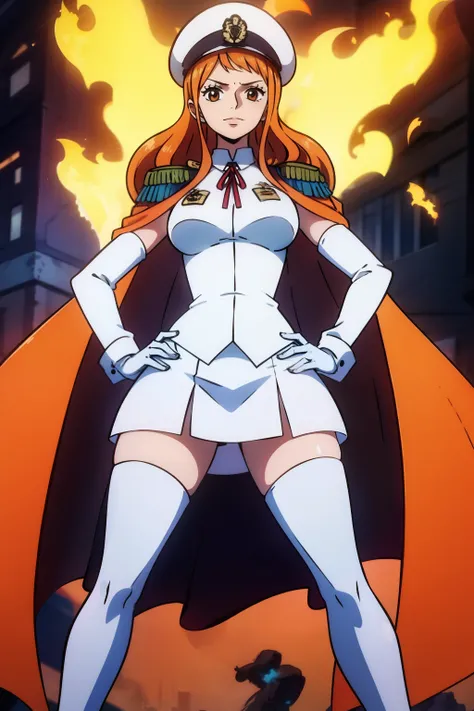 orange hair, long hair ,glossy lips, light makeup,cape ,military uniform,white military hat,sleeveless, white skirt,white thigh-high boots, white elbow gloves, evil smile, looking at viewer, hands on hips,burning buildings in the background