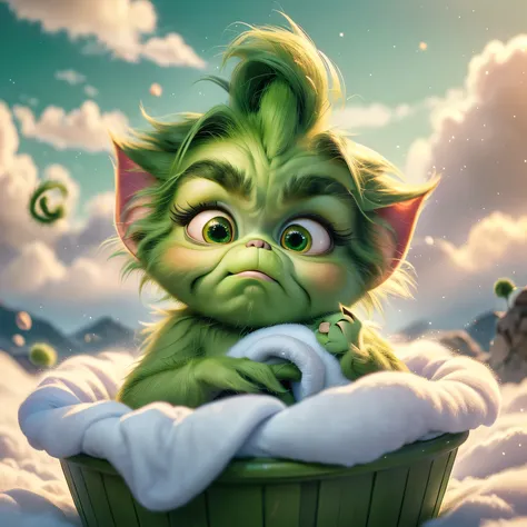 A beautiful, adorable baby Grinch made entirely of soft green clouds, peacefully nestled in a bed of fluffy clouds. The baby Grinch has a gentle, serene expression as it sleeps, with its soft, dream-like appearance. The surrounding clouds are colored in pa...