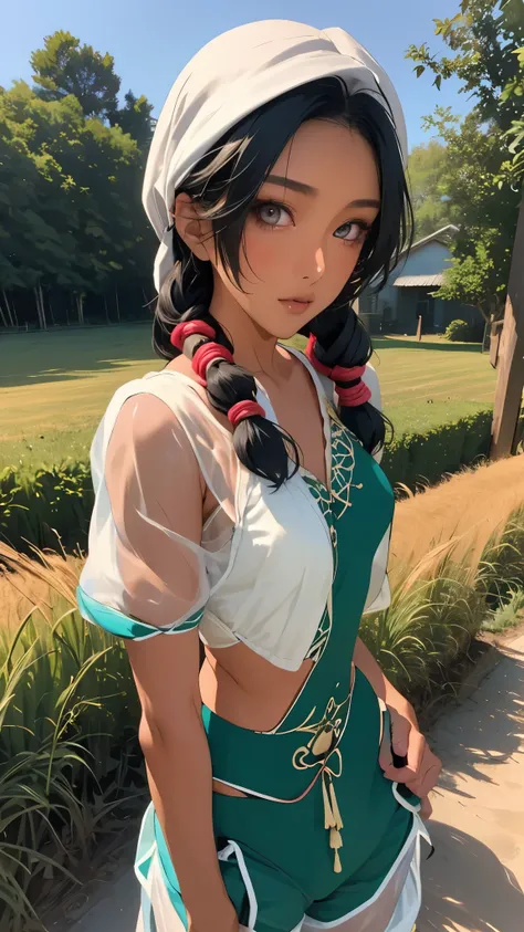 live-action、 real、(masterpiece, top quality :1.2), (( revealing clothes)),, upper body, Alone, one girl、Green, attractive face , Dark Skin, dark skinned woman, Show Viewers , twin tails, braiding, farm work , Thin and supple muscles、 Athletic Body ...