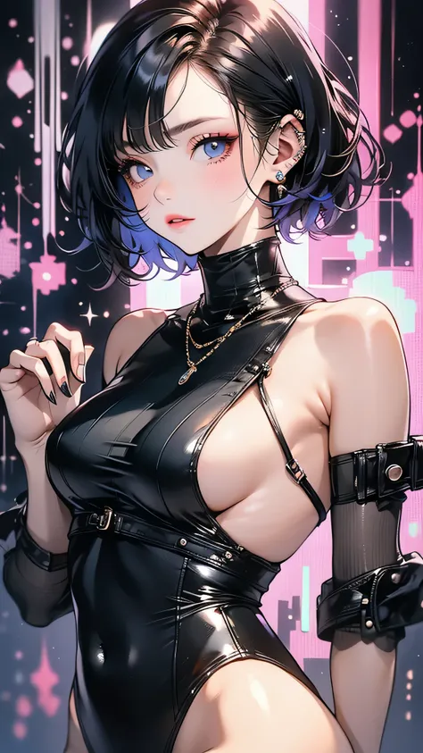  cyberpunk edgerunners,  one girl, Lucy ( cyberpunk), Exposing shoulders,  blue eyes, Chest,  leotards,  show viewer , medium Chest,   off shoulder ジャケット,   off shoulder ,  red eyeliner ,  short hair with shadows, sleeveless turtleneck  leotards, Alone, tu...