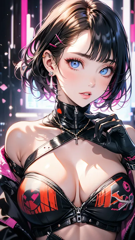  cyberpunk edgerunners,  one girl, Lucy ( cyberpunk), Exposing shoulders,  blue eyes, Chest,  leotards,  show viewer , medium Chest,   off shoulder ジャケット,   off shoulder ,  red eyeliner ,  short hair with shadows, sleeveless turtleneck  leotards, Alone, tu...