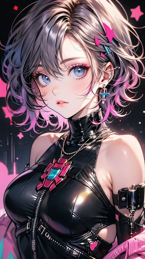  cyberpunk edgerunners,  one girl, Lucy ( cyberpunk), Exposing shoulders,  blue eyes, Chest,  leotards,  show viewer , medium Chest,   off shoulder ジャケット,   off shoulder ,  red eyeliner ,  short hair with shadows, sleeveless turtleneck  leotards, Alone, tu...