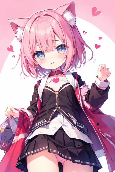 nsfw、  transparent pink short hair、  oversized jacket  、 panties  、  wear a collar 、   small breasts、 very beautiful、輝く瞳 、(((((  ))))))、heart❤、((sweat、vapor)）,cat ears、