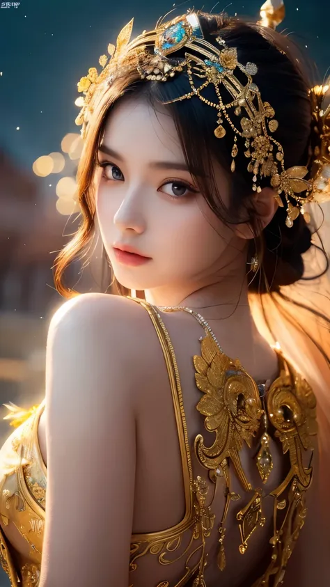 Mysterious goddess, woman in her 20s, beautiful large detailed eyes, beautiful detailed lips, mysterious and graceful pose, floating in a surrealistic landscape, glowing aura, ornate headdress, flowing robes, dramatic lighting, vibrant colors, (top quality...