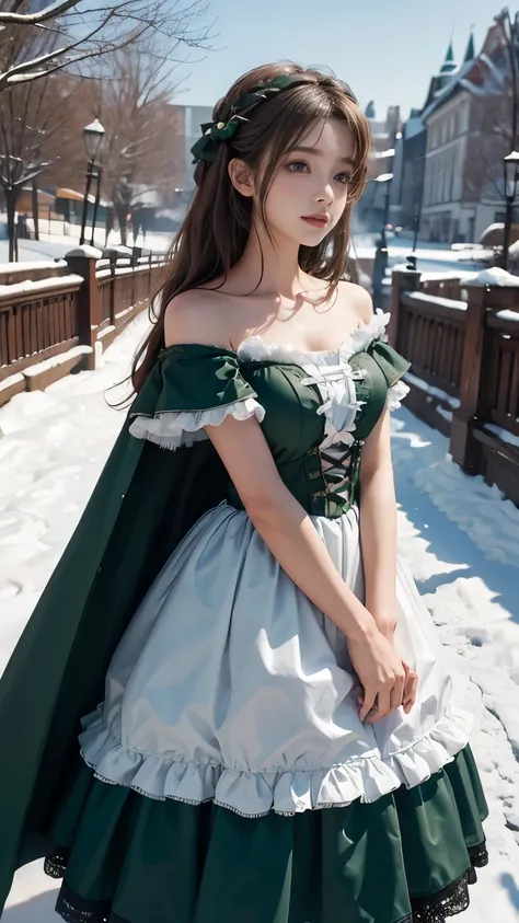 8k,  best quality, masterpiece,   realistic dressed in the picture ,  Happy and Hides Your Face ,  dark green lolita costume with bare shoulders, race,  Aerith Gainsborough, whole body, underwear,  My bare shoulders are exposed, outside, outside,  covered ...