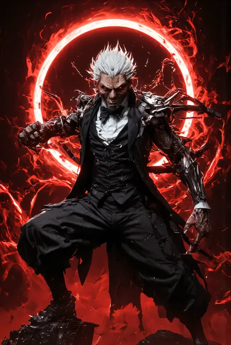 Photo realistic, man,white hair, wearing a tuxedo, holding a katana, doing the Kiri stance,red aura in a red eclipsed background