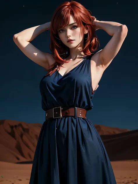  top quality 、Woman with slightly red hair （ long, fluffy bob hair、Small breasts、Depressed）　 navy blue dress（ sleeveless、Big shoulders、Large white belt 、 large incisions under the armpits 、 breasts visible from the side 1 :5、 ）、Standing in the desert at ni...