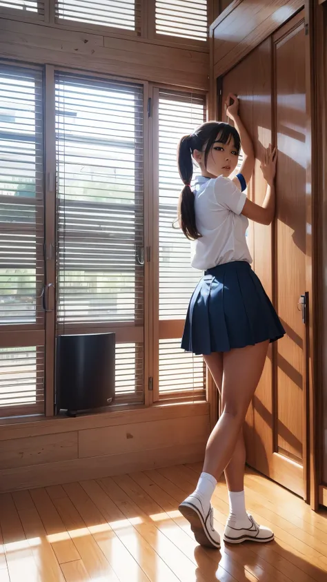 masterpiece, High Quality , high res, 8k, Volume Light , subsurface scattering, from below, beautiful women, Dark Skin, Filipino, Japanese high school girl uniform, unbuttoned , twirling pigtails between legs, office, big window,