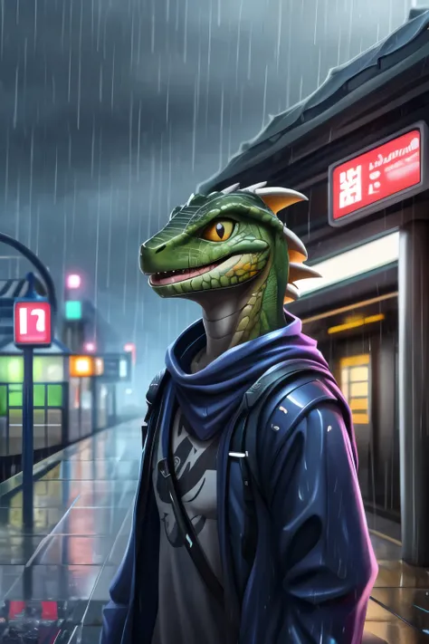 cerberus-fortnite,masterpiece, best quality, perfect anatomy, bright eyes, watery eyes, kemono, furry, (lizard:1.4), (felis:0.25), male, solo, baggy clothing, (open smile:1.1), gentle, looking at viewer, train station, rain, waterdrop:0.9), grey sky, raini...