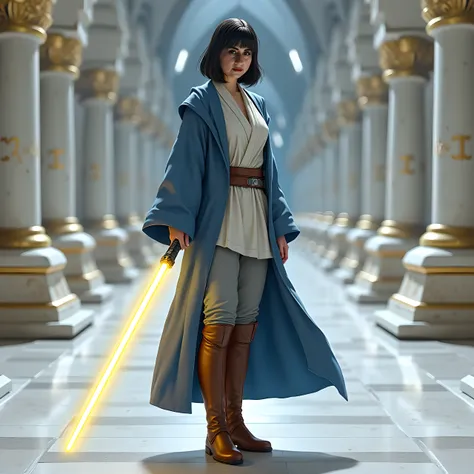 Use this image and create a woman  (( realistic ))  Shoulder-length short hair,  with bangs and black .  Who wears gray and blue Jedi robes . Wearing gray pants .  who wears long brown boots . Have you hold in your hand a single-bladed yellow lightsaber at...