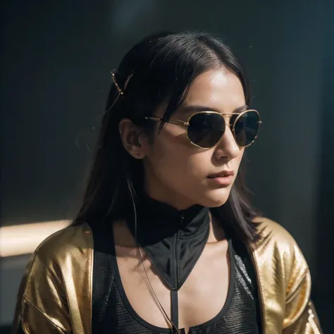 wearing gold frame reflective sunglasses {x} cyberpunk, black, golden and silver silk in the moonlight, big horn, go down the mountain tiger, knelt down on one knee: 6 miniature model ， wear gold frame reflective sunglasses ， Rouge complexion， very happy ，...