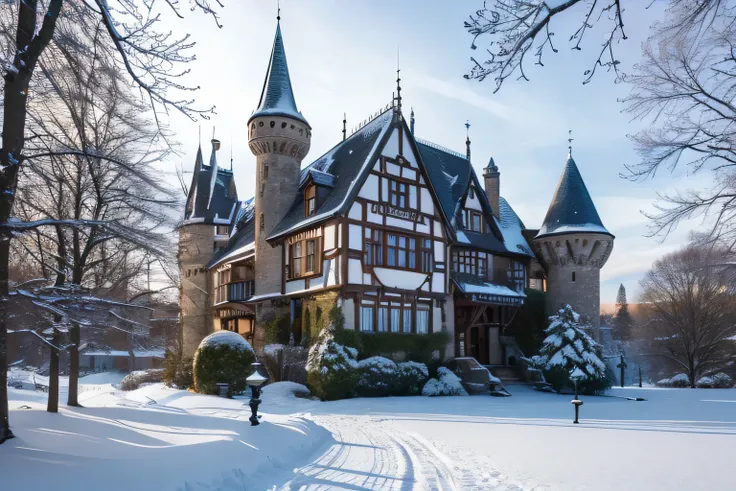 a close up of a castle in the snow with a mountain in the background, a jigsaw puzzle by Werner Gutzeit, shutterstock, art nouveau, beautiful castle, fairy tale place, winter, magical castle, fairy tale, castle, germany, castle setting, inspiration, inspir...