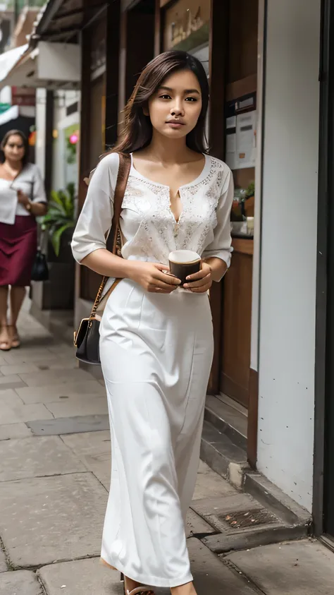 a beautiful Indonesian woman aged 28 years old, she is holding a small womens bag.
she is walking in front of a coffee shop.
the clothes she is wearing are white kebaya.