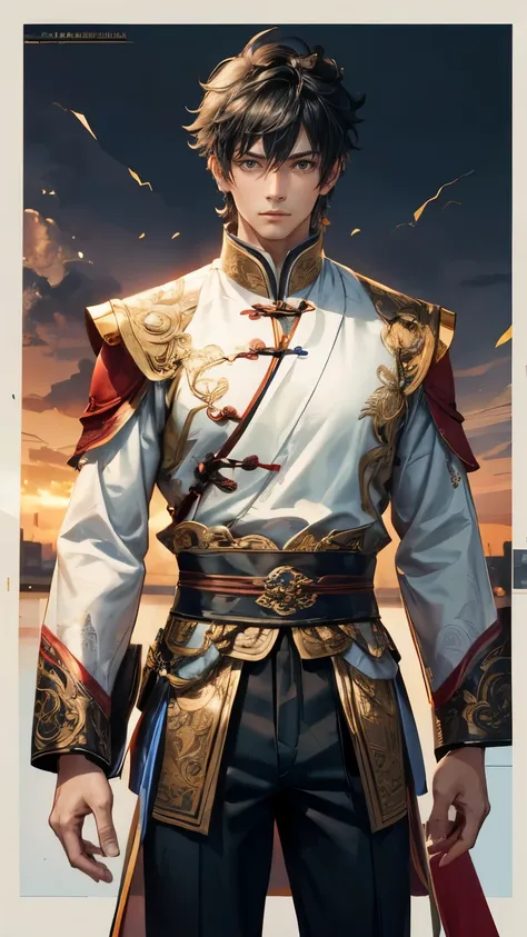 male character design），（Melancholy handsome Chinese man Pan An is looking at the camera：1.37），（Pan An wears modern and fashionable men&#39;s blue sweater suit pants：1.37），Pan An’s skin is fair and flawless，The bridge of his nose is high and straight，(long,...