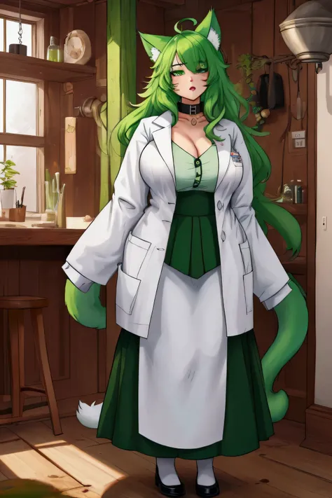  [Personality= "Curious", "Crazy", "Forgetful", "Gluttonous", "Adventurous", "Intelligent", "Mischievous"] [Appearance= "Height: 157cm", "Acidic green hair", "Green eyes", "Chubby", "Cat ears", "Eight fluffy tails"] [Clothes= "Lab coat", "Black collar"] [L...