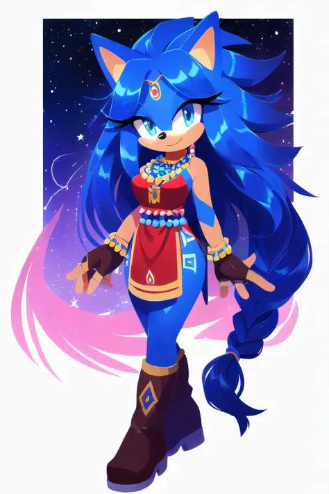 Sonic oc, Mobian, female, sonic the hedgehog but female, Cosmic hedgehog, A beautiful light blue hedgehog, purplish blue eyes, very long hair/quills, braided and beaded long hair bangs, long streaks of hair on each side of her face, (star constellation on ...