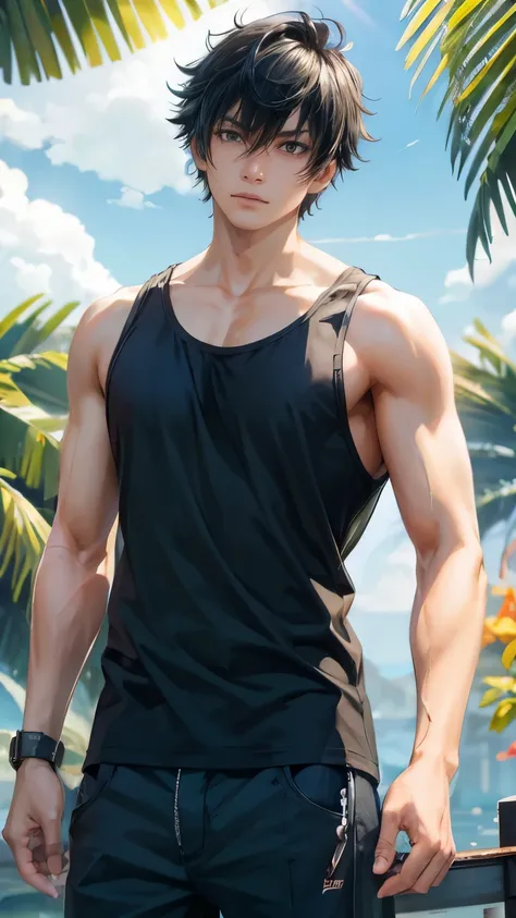 masterpiece, best quality, wallpaper, 1boy, solo, male focus, looking at viewer, , , kousuke_ooshiba, black hair, black eyes, tank top, , A tropical paradise where the sun shines brightly every day,