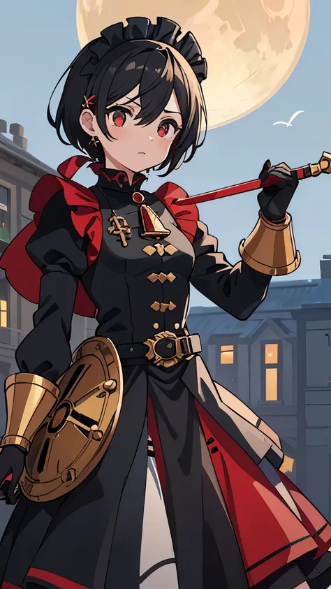 1girl, (2B), black hair, black with red tips hair, red eyes, blue sky, natural outdoors, black and gold and red boots, black and gold gloves, (((((earclip))))), using a earclip, (elegant earclip), black with gold and red details skirt, black with gold and ...