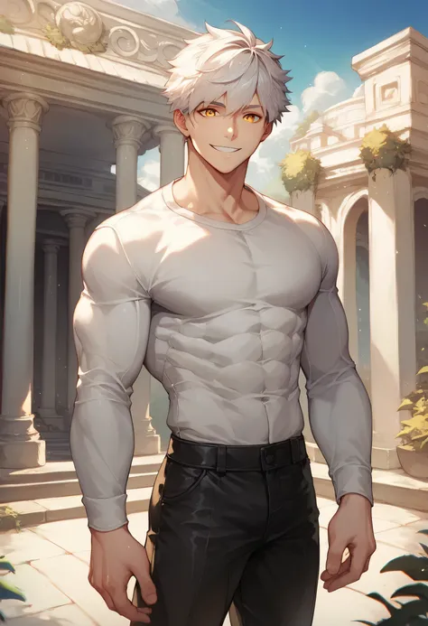 score_9, score_8_up, score_7_up, score_6_up, 1boy, solo, straight hair, short hair, White-silver hair, amber eyes, muscular, gigachad, white shirt, long sleeves, black pants, greek temple, standing, looking at viewer, smile.