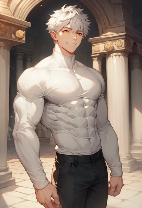 score_9, score_8_up, score_7_up, score_6_up, 1boy, solo, straight hair, short hair, White-silver hair, amber eyes, muscular, gigachad, white shirt, long sleeves, black pants, greek temple, standing, looking at viewer, smile.