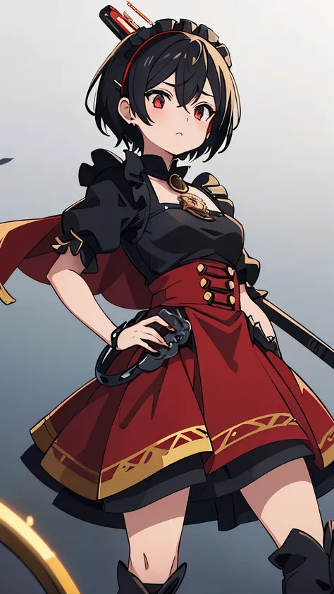 1girl, (2B), black hair, black with red tips hair, red eyes, blue sky, natural outdoors, black and gold and red boots, black and gold gloves, (((((earclip))))), using a earclip, (elegant earclip), black with gold and red details skirt, black with gold and ...