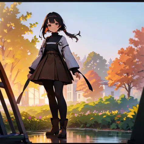 ( High Quality ,  high res, Very detailed, reality:1.37), Peaceful atmosphere, (Outdoors, garden),  teenage girl standing alone,  Beautiful details,  cute smile inside the Kyoden, (Black Bob), Ribbed sweater, brown skirt ,  black tights,  brown boots .