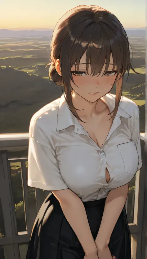 masterpiece,  best quality,  amazing quality,  is very beautiful ,  ultra-high resolution , up to date,landscape,  Hi-Res Icon , ultra-high resolution ,16k,flat anime style、748cmstyle,Expressiveness, 



 Big Boobs、 Hair Bun 、  has brown hair 、  brown eyes...