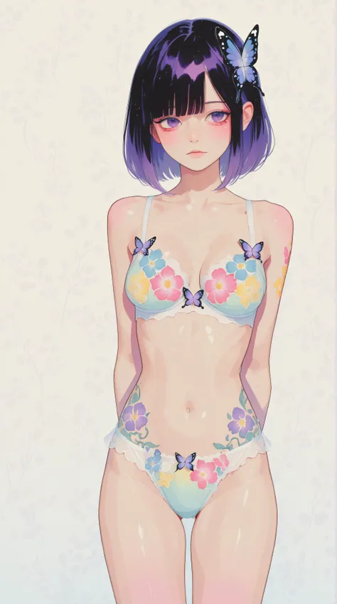 A mesmerizing surreal illustration of a young japanese woman resembling Shinobu Kocho. She  wears a vibrant pastel colored outfit adorned with intricate floral patterns. She has a smooth, warm complexion, and bold, colorful tattoos cover her arms and legs....