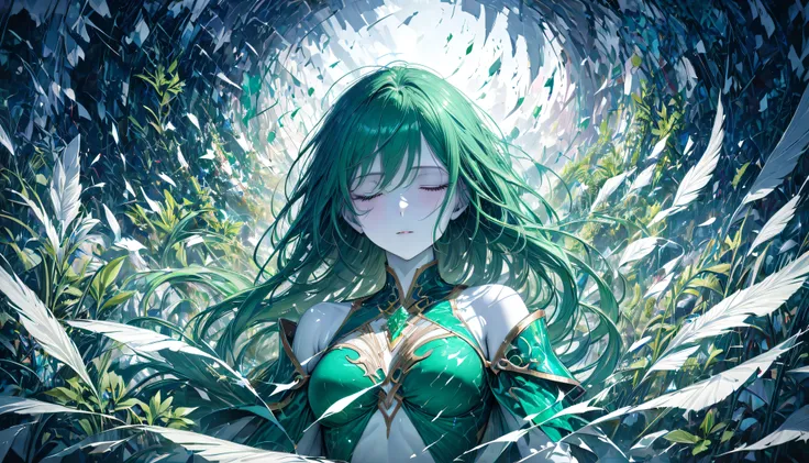 ultra-detailed,  extremely detailed, perfect face, beautiful,  Exact Anatomy, masterpiece,  High Details, 8k,  Textured White Skin ,  close my eyes,  1 woman , Emerald Hair,  long hair,  broken abstract background, abstract background with countless plants...