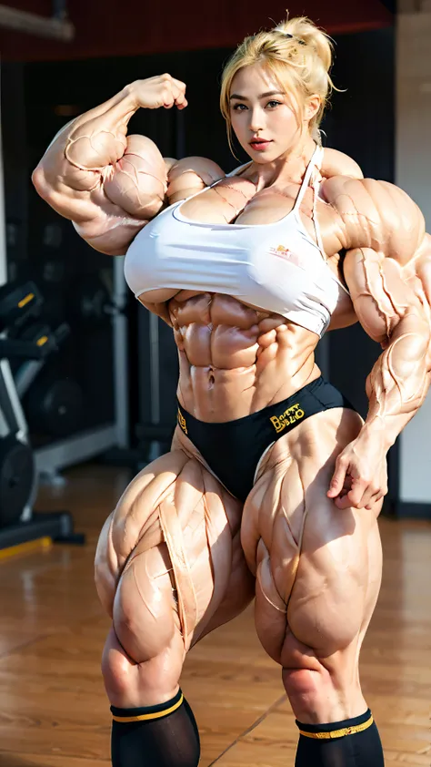 Huge woman, (abs: 2), ((blonde hair)), ponytail hair, wavy hair, tight clothes, full body, big biceps, big triceps, big deltoids, big trapezius, big quads, body builder, curved eyelids, curved eyebrows, eyeliner, plump lips, blue eyes, thin face structure,...