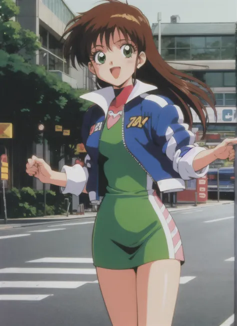 Asusdol,1 girl, Alone, heart, hair ornament, green eyes、 jacket, Green Dress, retro art style for stilets, open mouth, 1990s ( style for stilets), looking at viewer, smile, outdoors on the street at night, null, cowboy shot, clevis cut out, race queen