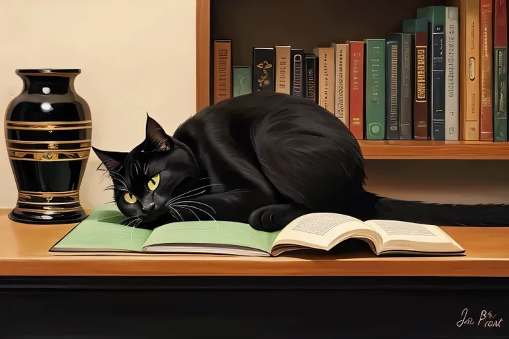 painting of a   black cat laying on a shelf with books and a vase,  still life by Joan Brown , Pinterest,  Photorealism ,  Lisa Parker ,   black cats,   black cat at her feet,  Theres a book next to the cat ,  great detail, Ripley Scott,  thinking deeply ,...