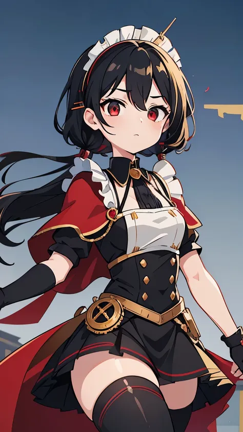 1girl, (2B), black hair, black with red tips hair, red eyes, blue sky, natural outdoors, black and gold and red boots, black and gold gloves, (((((earclip))))), using a earclip, elegant earclip, black with gold and red details skirt, black with gold and re...