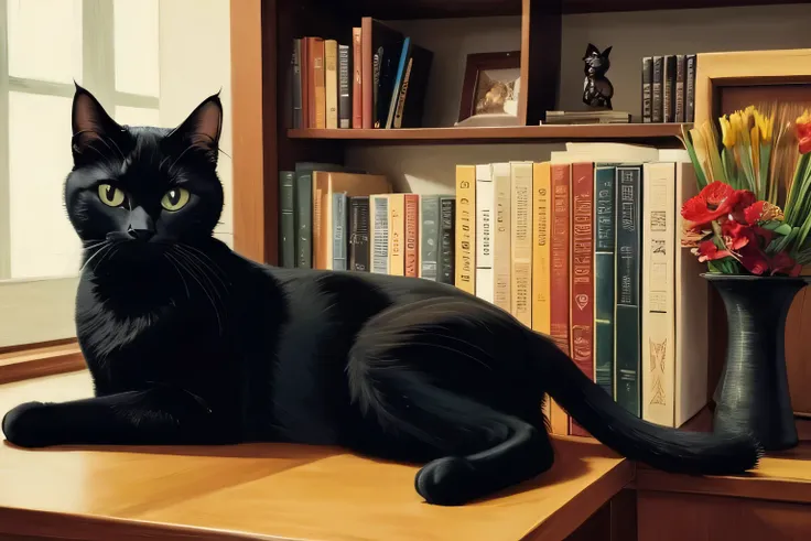 painting of a  black cat laying on a shelf with books and a vase,  still life by Joan Brown , Pinterest,  Photorealism ,  Lisa Parker ,  black cats,  black cat at her feet, Theres a book next to the cat ,  great detail, Ripley Scott,  thinking deeply , in ...