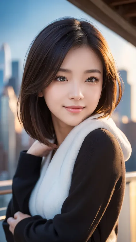 (((Face close-up)))、(((Brown, shoulder-length, straight short bob)))、(((She has the New York skyline in the background、Posing like a model at a beauty salon。.)))、(((Casual black long sleeve winter outfit)))、Half Japanese and half Korean、18-year-old girl、In...