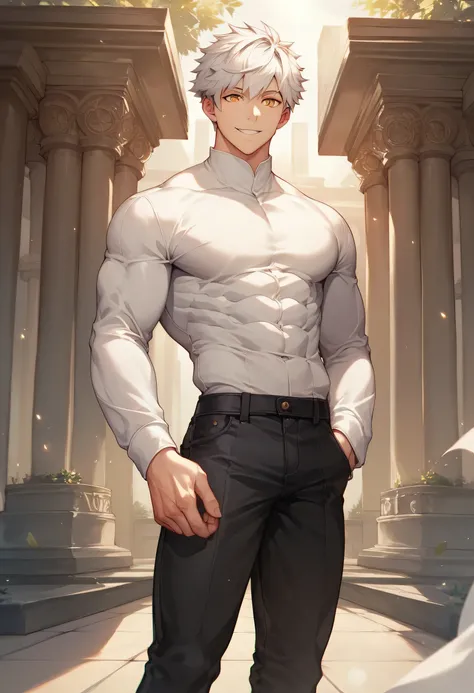 score_9, score_8_up, score_7_up, score_6_up, 1boy, solo, straight hair, short hair, White-silver hair, amber eyes, muscular, gigachad, white shirt, long sleeves, black pants, greek temple, standing, looking at viewer, smile.