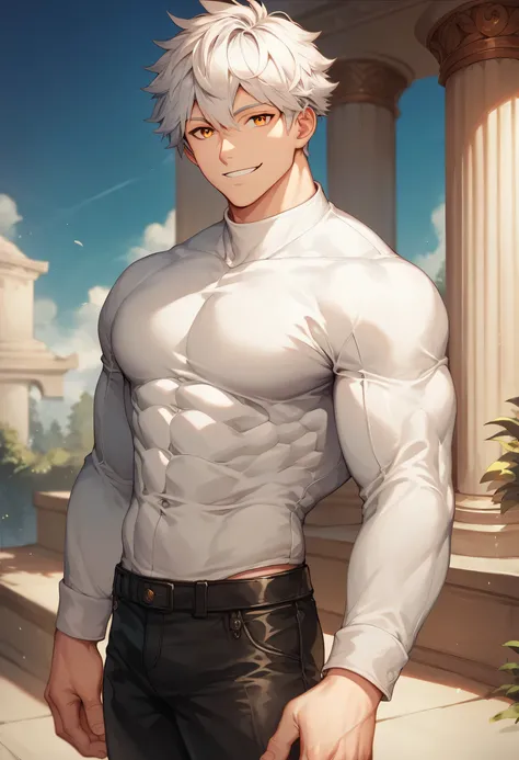 score_9, score_8_up, score_7_up, score_6_up, 1boy, solo, straight hair, short hair, White-silver hair, amber eyes, muscular, gigachad, white shirt, long sleeves, black pants, greek temple, standing, looking at viewer, smile.