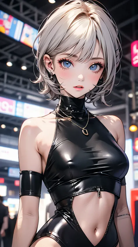  cyberpunk edgerunners,  one girl, Lucy ( cyberpunk), Exposing shoulders,  blue eyes, Chest,  leotards,  show viewer , medium Chest,   off shoulder ジャケット,   off shoulder ,  red eyeliner ,  short hair with shadows, sleeveless turtleneck  leotards, Alone, tu...