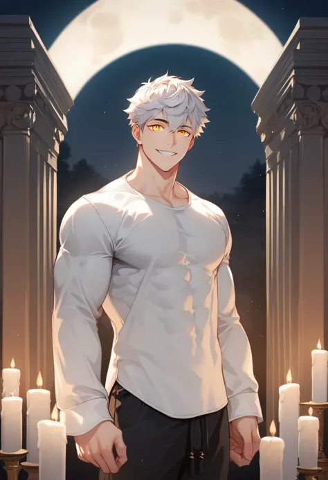 score_9, score_8_up, score_7_up, score_6_up, 1boy, solo, straight hair, short hair, White-silver hair, goldeng eyes, muscular, gigachad, white shirt long sleeves with loose sleeves, loose black cloth pants, greek temple, standing, looking at viewer, smile,...