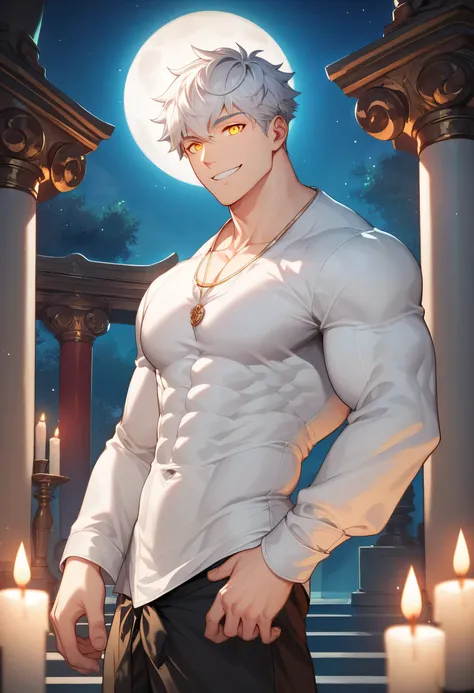 score_9, score_8_up, score_7_up, score_6_up, 1boy, solo, straight hair, short hair, White-silver hair, goldeng eyes, muscular, gigachad, white shirt long sleeves with loose sleeves, loose black cloth pants, greek temple, standing, looking at viewer, smile,...