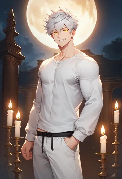 score_9, score_8_up, score_7_up, score_6_up, 1boy, solo, straight hair, short hair, White-silver hair, goldeng eyes, muscular, gigachad, white shirt long sleeves with loose sleeves, loose black cloth pants, greek temple, standing, looking at viewer, smile,...