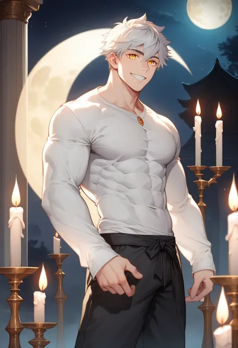 score_9, score_8_up, score_7_up, score_6_up, 1boy, solo, straight hair, short hair, White-silver hair, goldeng eyes, muscular, gigachad, white shirt long sleeves with loose sleeves, loose black cloth pants, greek temple, standing, looking at viewer, smile,...