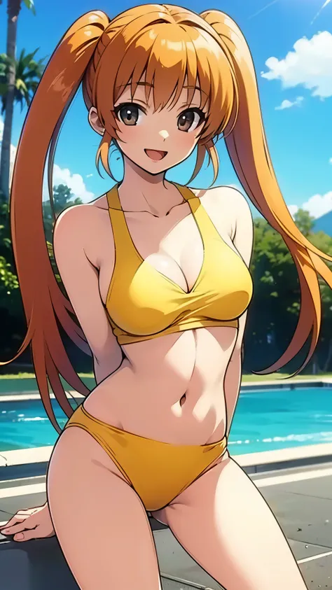 outdoor, poolside, noon, wearing yellow bikini, break anime style, masterpiece, best quality, break, orange hair, break high bridge, BREAK super straight hair, BREAK long side twin tails, break standing, focus upper body