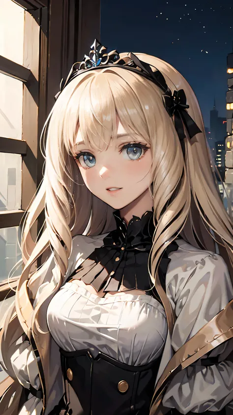 (8k,  better quality , masterpiece : 1.2) ,  Marie Antoinette , Ultra-detailed face , Open your mouth slightly , Blonde,  long hair,  bangs ,  look out the window ,  complicated fantasy dress, night,  blue eyes, Tiara